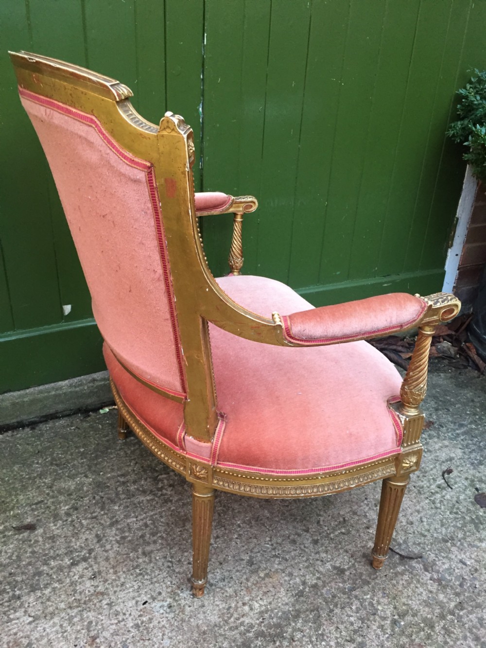 Late C19th French giltwood salon chair of broad proportions in the Louis XVI period style. View V