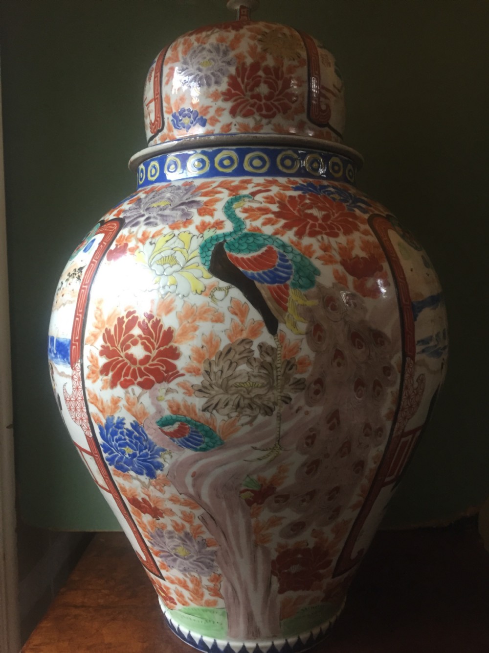 Large late C19th Japanese Arita porcelain vase and cover decorated in the Imari palette. View V