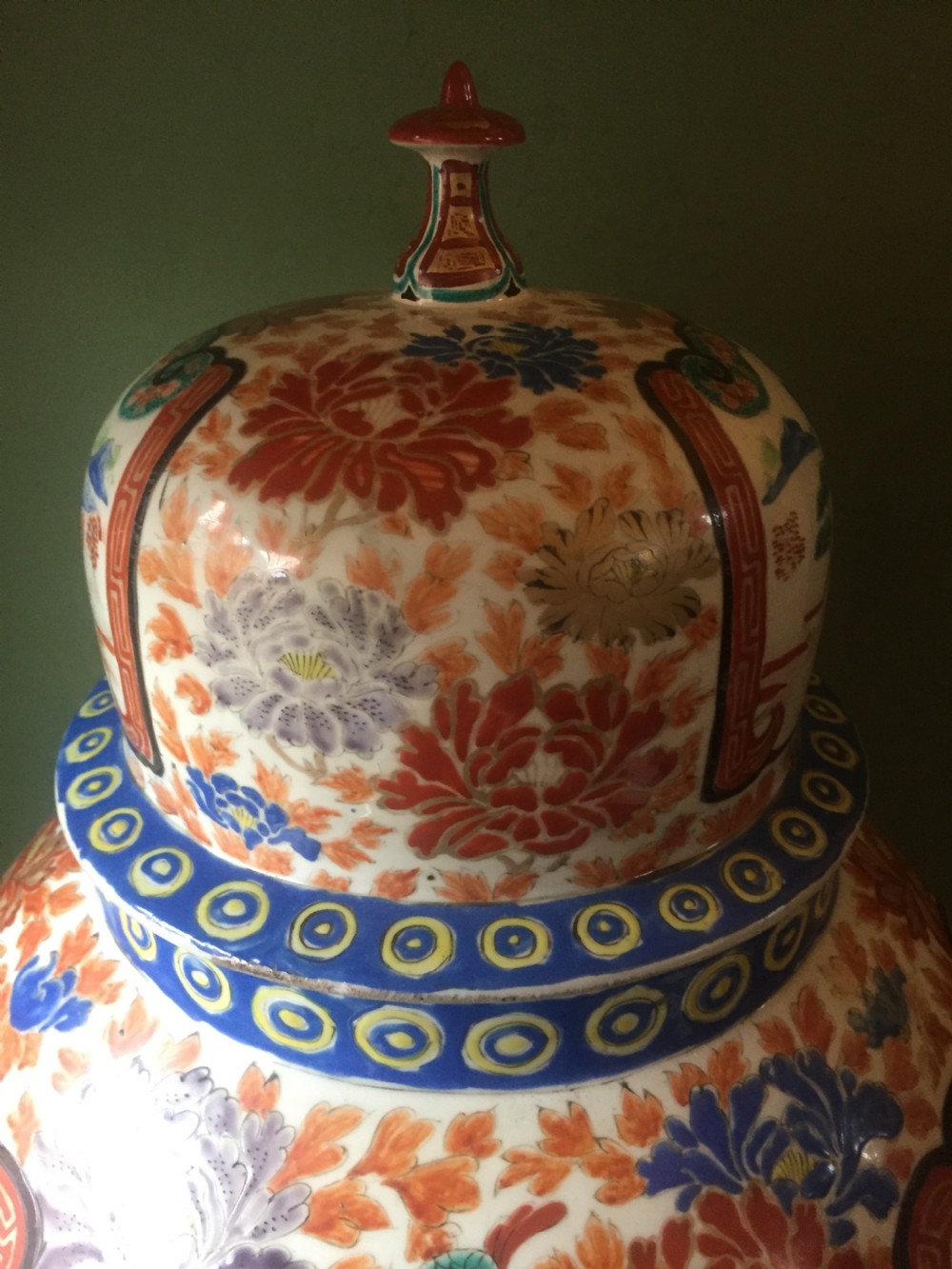 Large late C19th Japanese Arita porcelain vase and cover decorated in the Imari palette. View VI