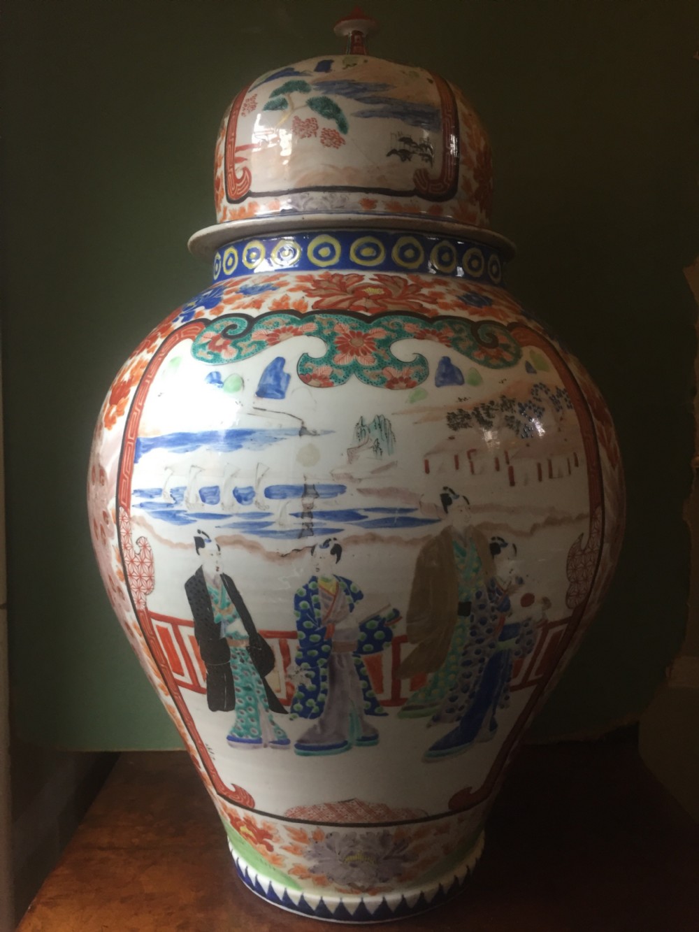 Large late C19th Japanese Arita porcelain vase and cover decorated in the Imari palette. View XIII