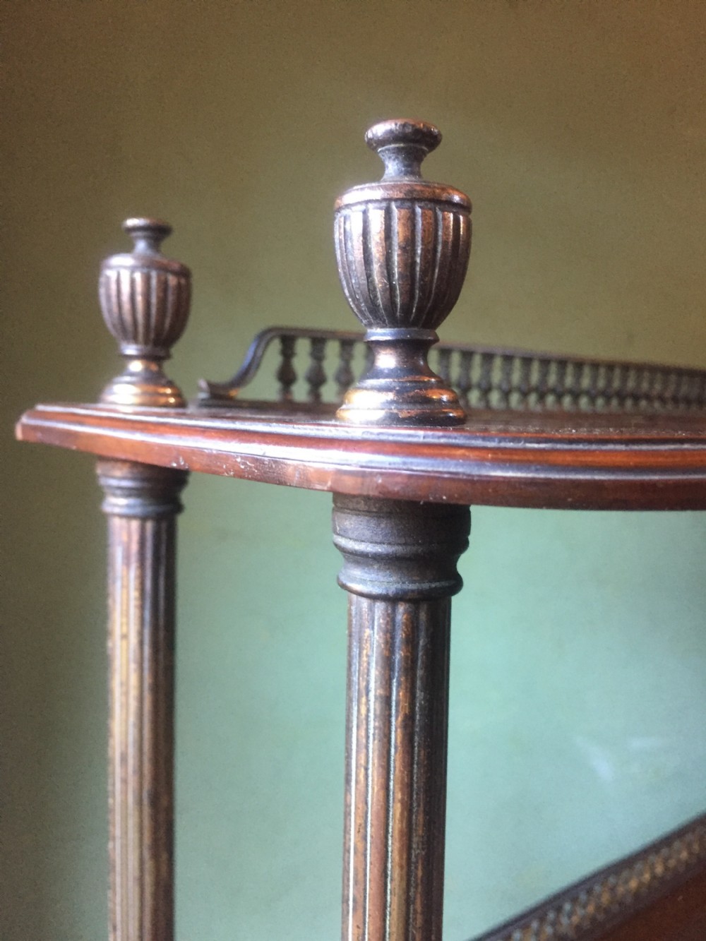 Set of late C19th walnut and brass-mounted shelves in the manner of James Shoolbred & Co., London. View VII