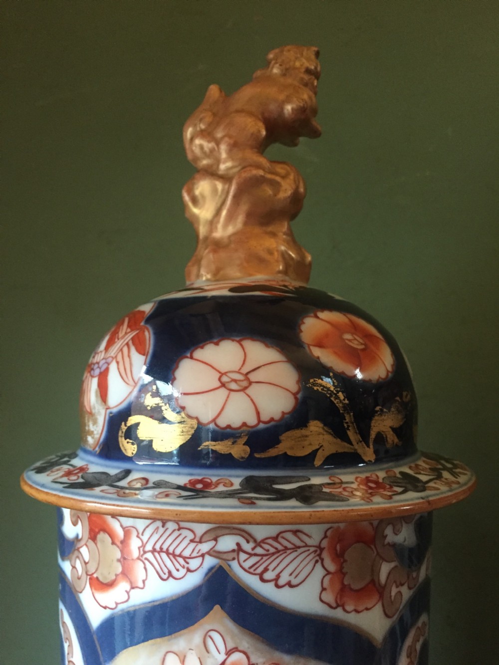 Fine pair of mid C19th Japanese Imari pattern porcelain lidded vases of unusual shape and form . View V