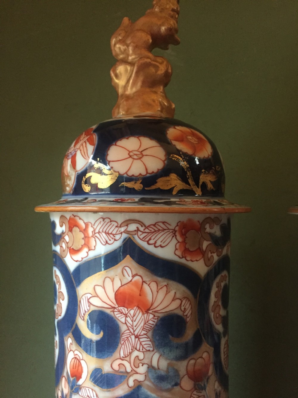 Fine pair of mid C19th Japanese Imari pattern porcelain lidded vases of unusual shape and form . View VI
