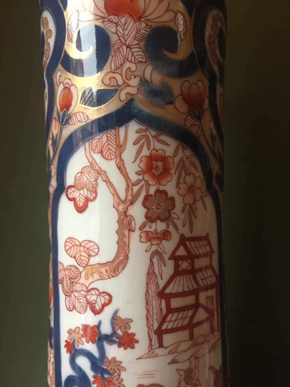 Fine pair of mid C19th Japanese Imari pattern porcelain lidded vases of unusual shape and form . View VII
