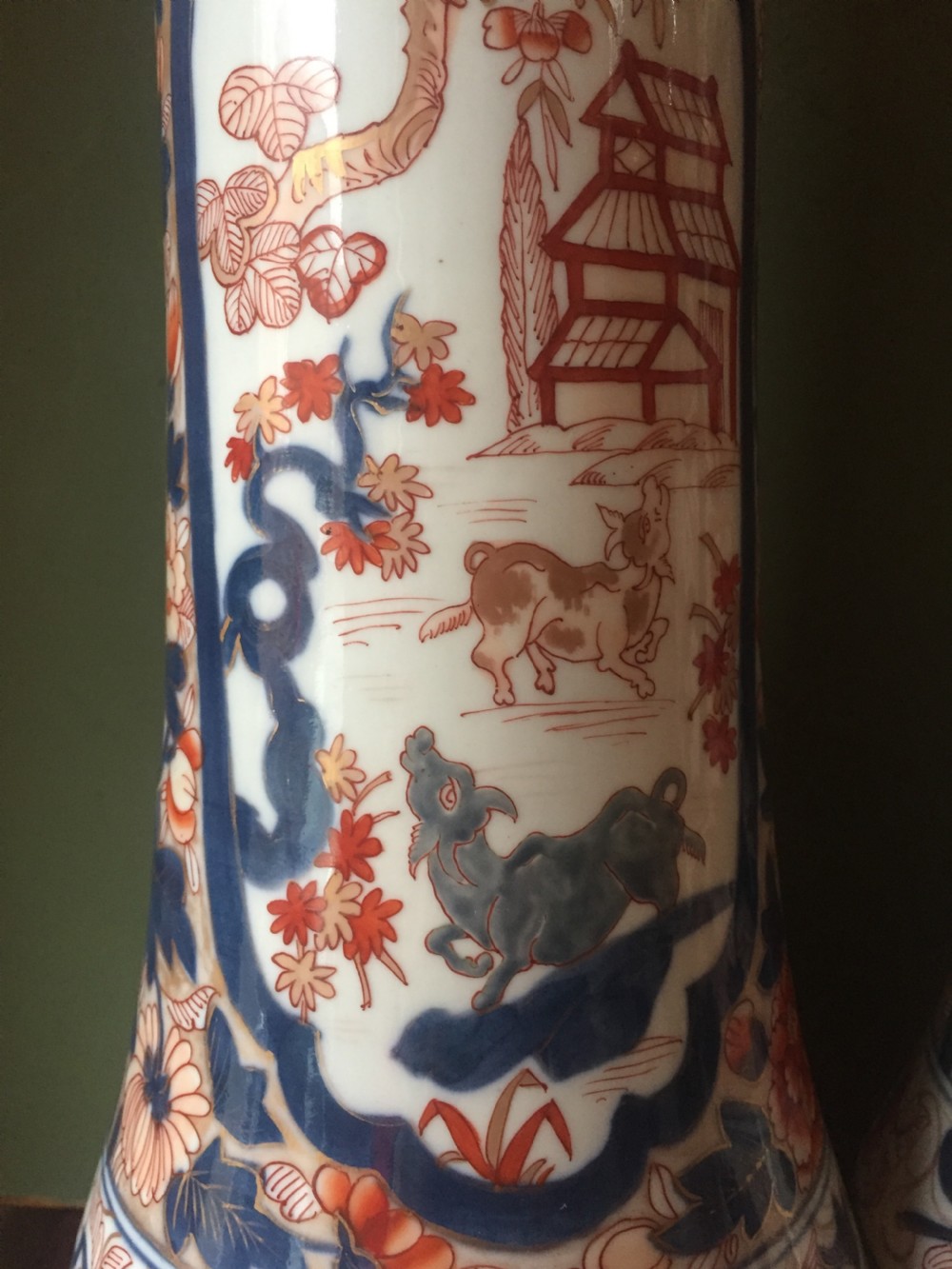Fine pair of mid C19th Japanese Imari pattern porcelain lidded vases of unusual shape and form . View VIII