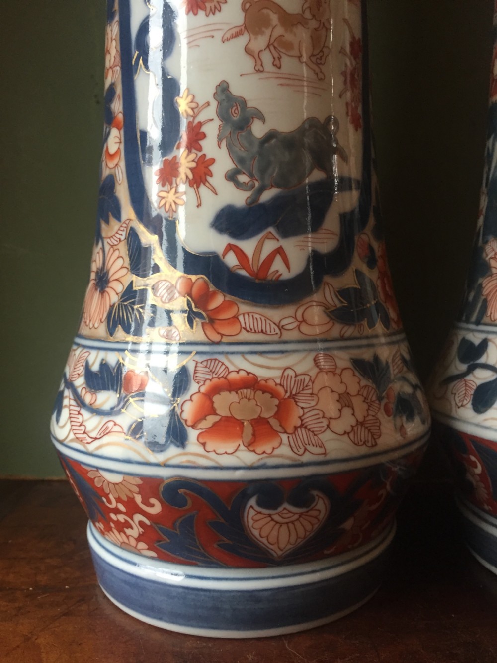 Fine pair of mid C19th Japanese Imari pattern porcelain lidded vases of unusual shape and form . View IX