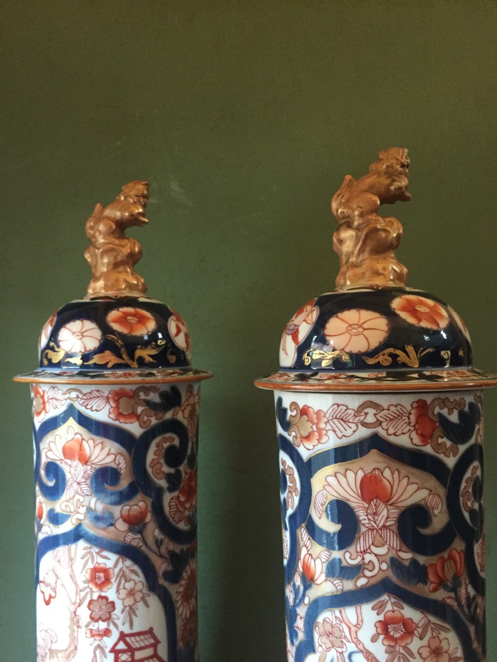 Fine pair of mid C19th Japanese Imari pattern porcelain lidded vases of unusual shape and form . View XIII
