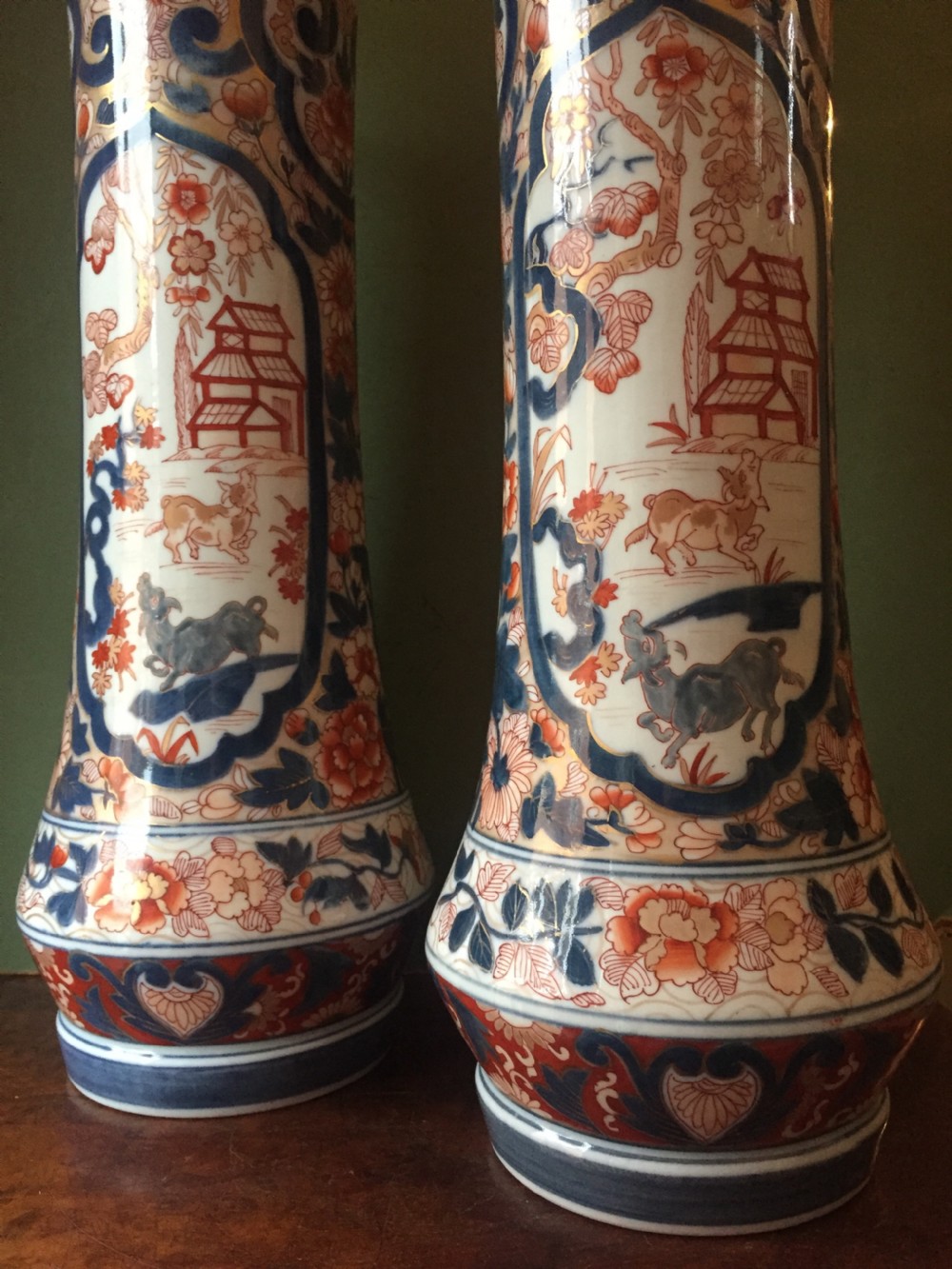 Fine pair of mid C19th Japanese Imari pattern porcelain lidded vases of unusual shape and form . View XIV