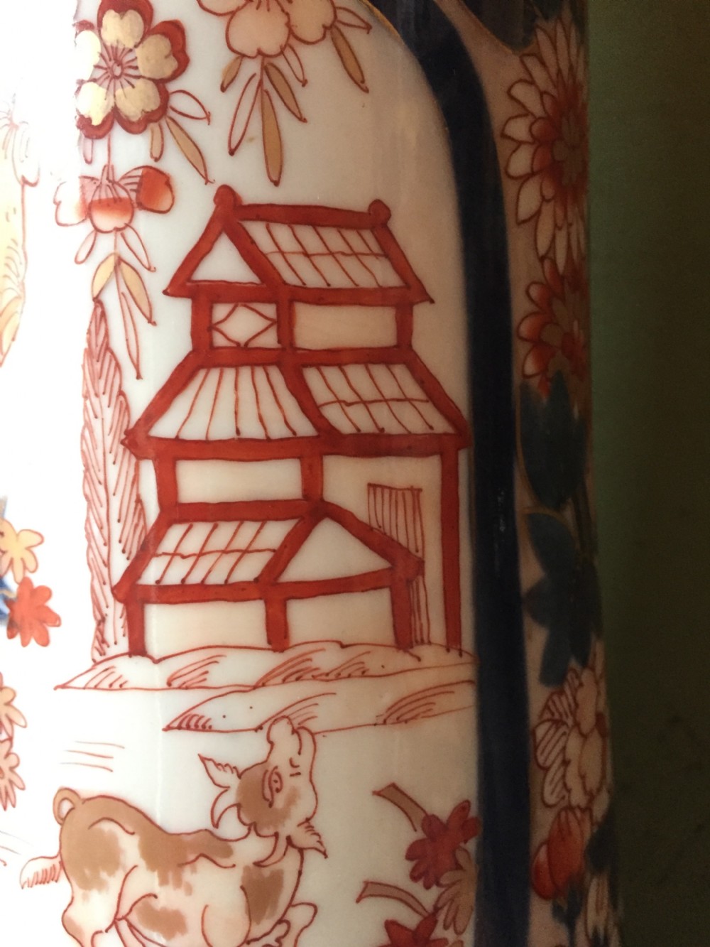 Fine pair of mid C19th Japanese Imari pattern porcelain lidded vases of unusual shape and form . View XV
