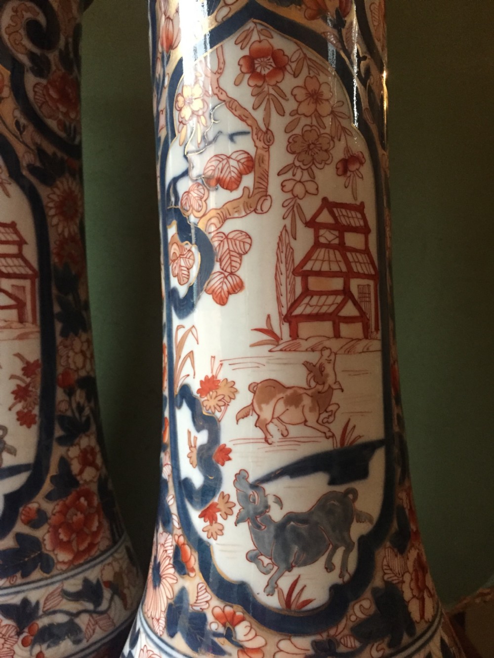 Fine pair of mid C19th Japanese Imari pattern porcelain lidded vases of unusual shape and form . View XVI