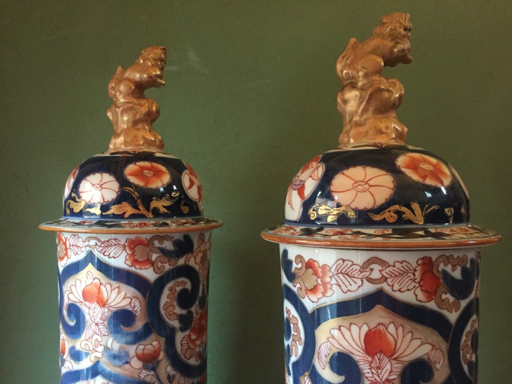 Fine pair of mid C19th Japanese Imari pattern porcelain lidded vases of unusual shape and form . View XVII