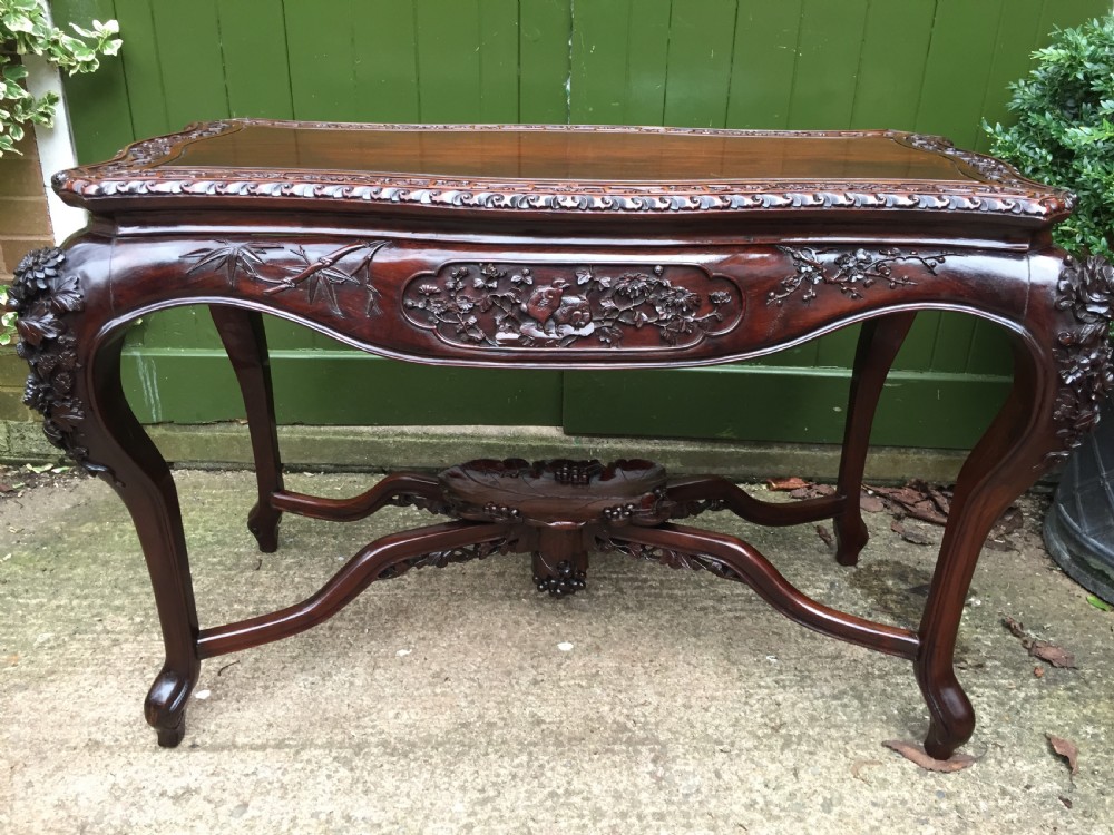 Late C19th Chinese Qing Dynasty carved hardwood centre table of exhibition quality. View II