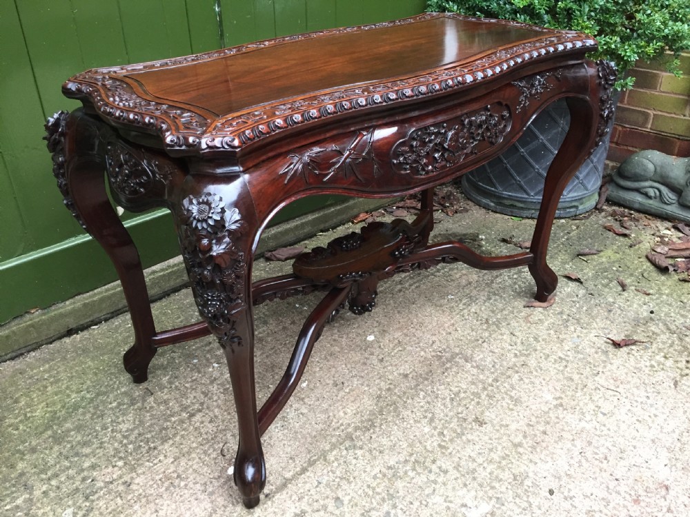 Late C19th Chinese Qing Dynasty carved hardwood centre table of exhibition quality. View IV