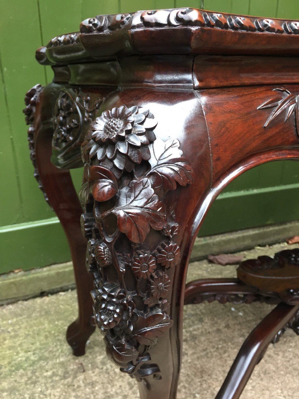 Late C19th Chinese Qing Dynasty carved hardwood centre table of exhibition quality. View V