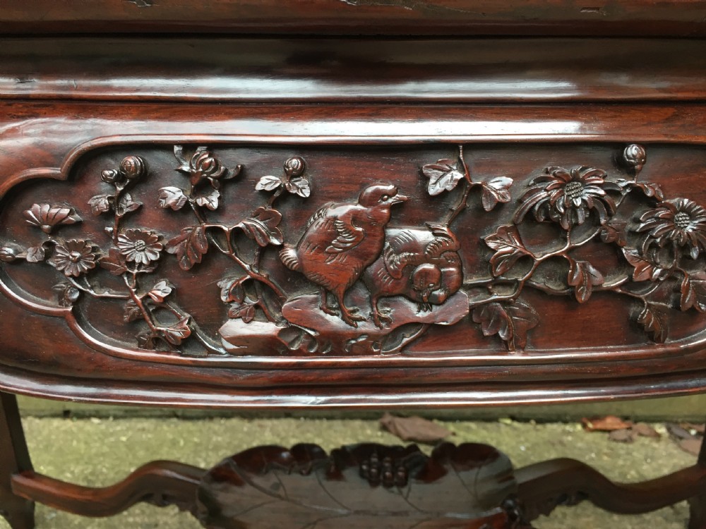 Late C19th Chinese Qing Dynasty carved hardwood centre table of exhibition quality. View VI
