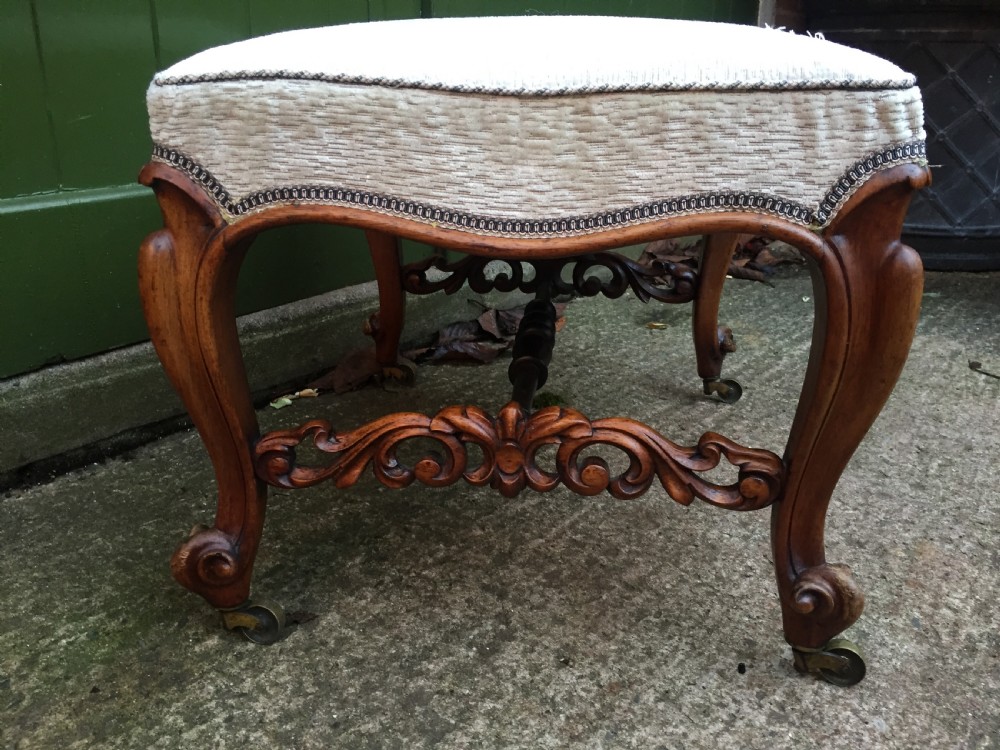 Unusual mid C19th Victorian period carved rosewood cabriole-legged dressing or foot stool.  View II