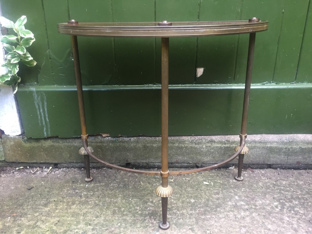 Pair of early C20th brass-framed semi-circular drinks or end tables with quarter-veneered mahogany tops. View IV