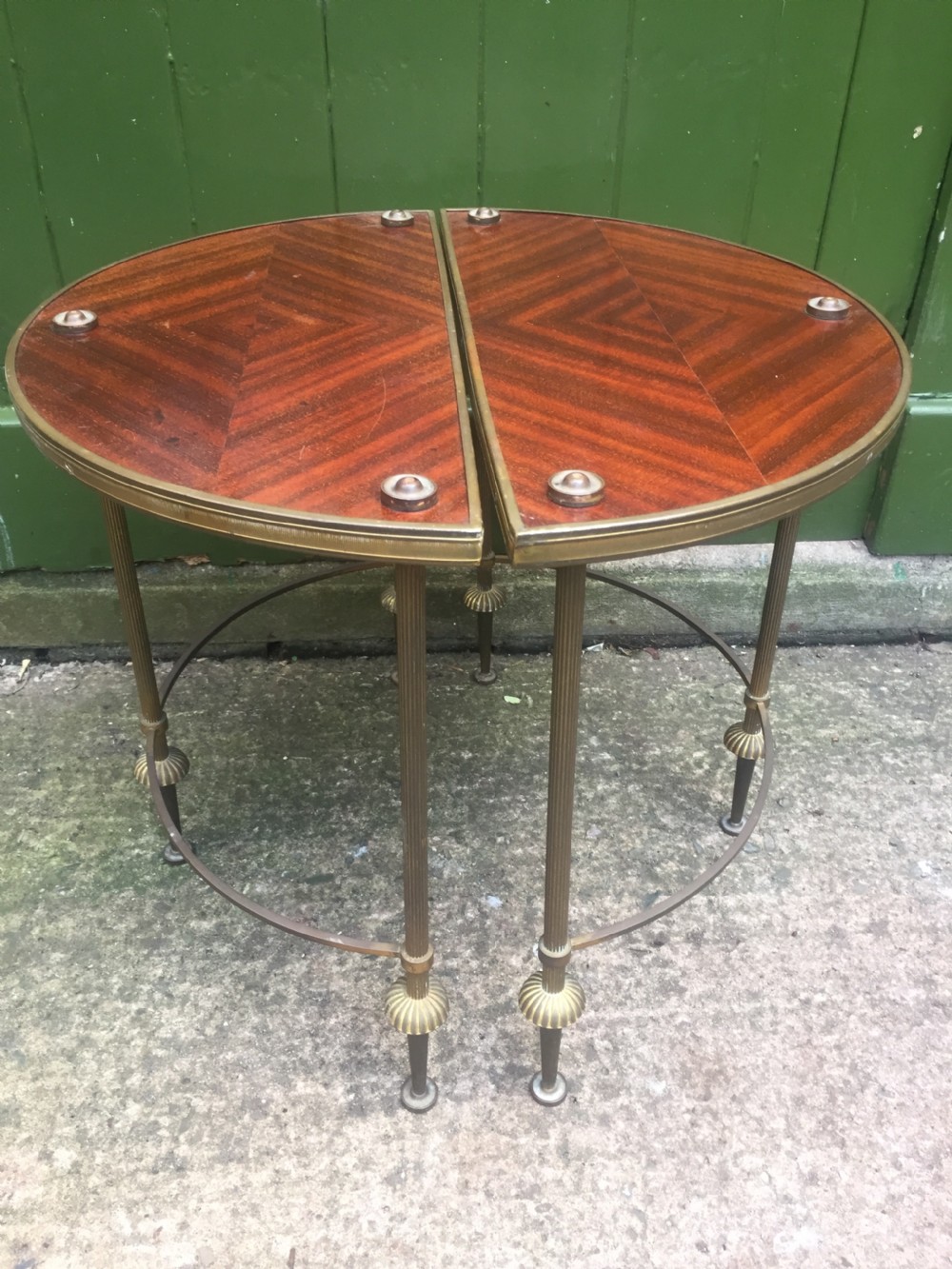 Pair of early C20th brass-framed semi-circular drinks or end tables with quarter-veneered mahogany tops. View VI