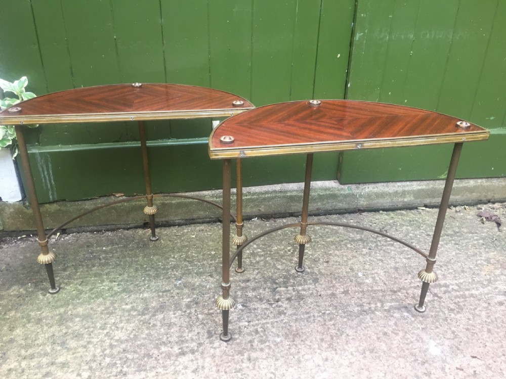 Pair of early C20th brass-framed semi-circular drinks or end tables with quarter-veneered mahogany tops. View VIII