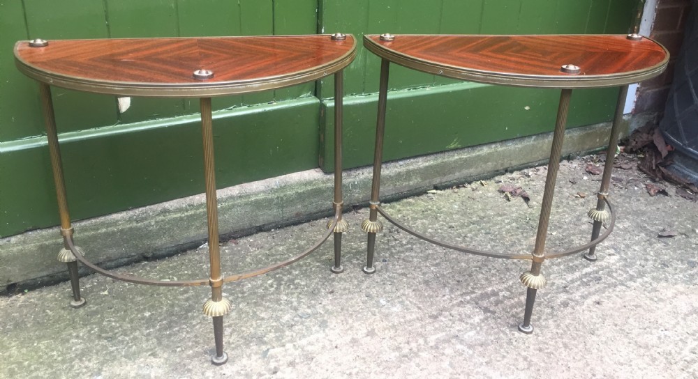 Pair of early C20th brass-framed semi-circular drinks or end tables with quarter-veneered mahogany tops. View XII
