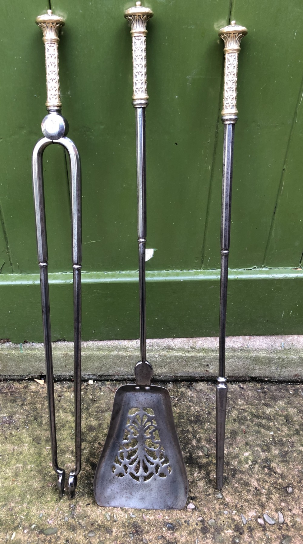 Set of 3 C19th early Victorian period brass and steel fire-irons or tools .