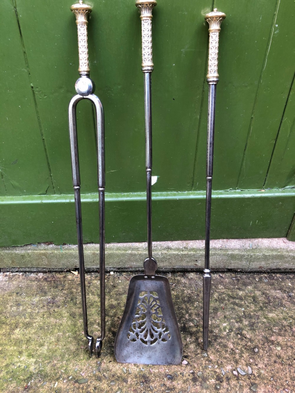 Set of 3 C19th early Victorian period brass and steel fire-irons or tools . View II