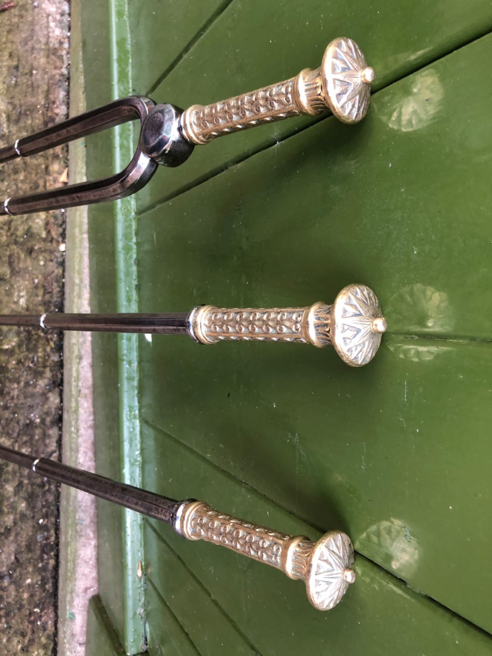 Set of 3 C19th early Victorian period brass and steel fire-irons or tools . View IV