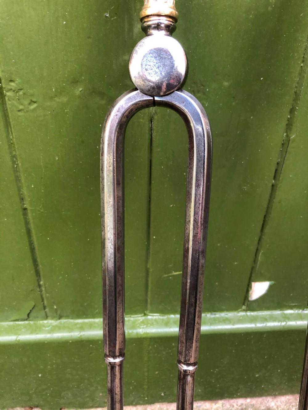 Set of 3 C19th early Victorian period brass and steel fire-irons or tools . View VI