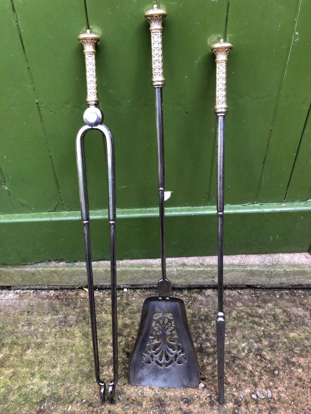 Set of 3 C19th early Victorian period brass and steel fire-irons or tools . View VII