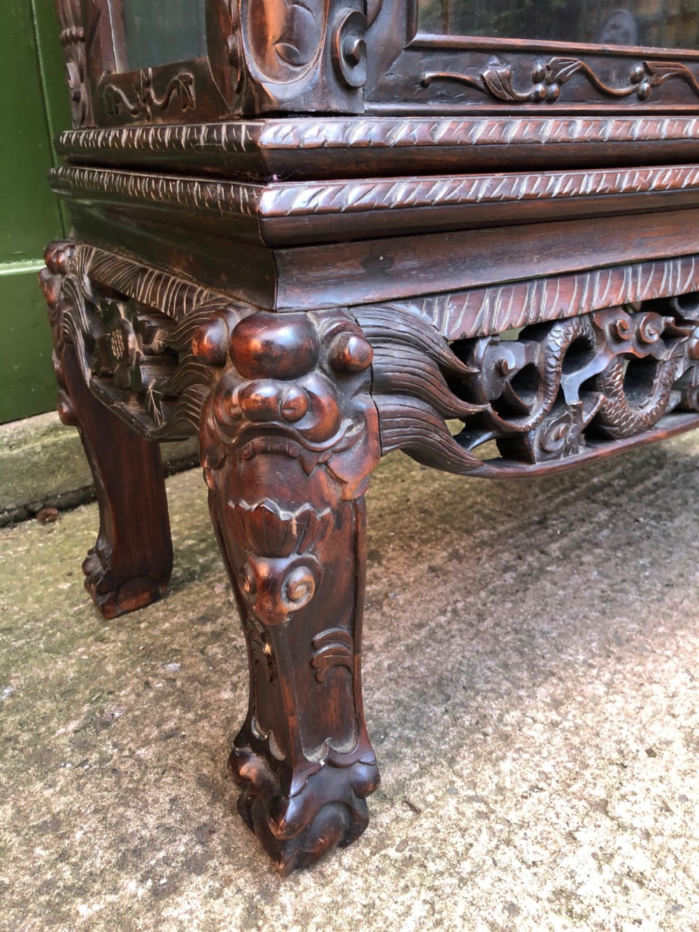 Late C19th Chinese Qing Dynasty carved hardwood display cabinet. View IX