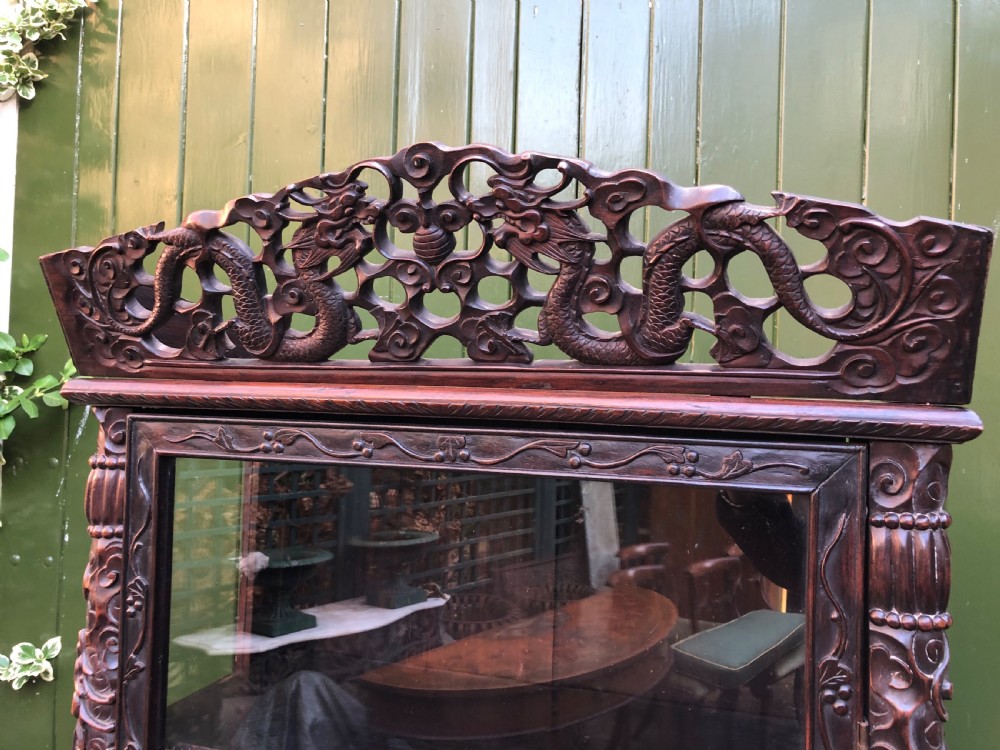 Late C19th Chinese Qing Dynasty carved hardwood display cabinet. View XV