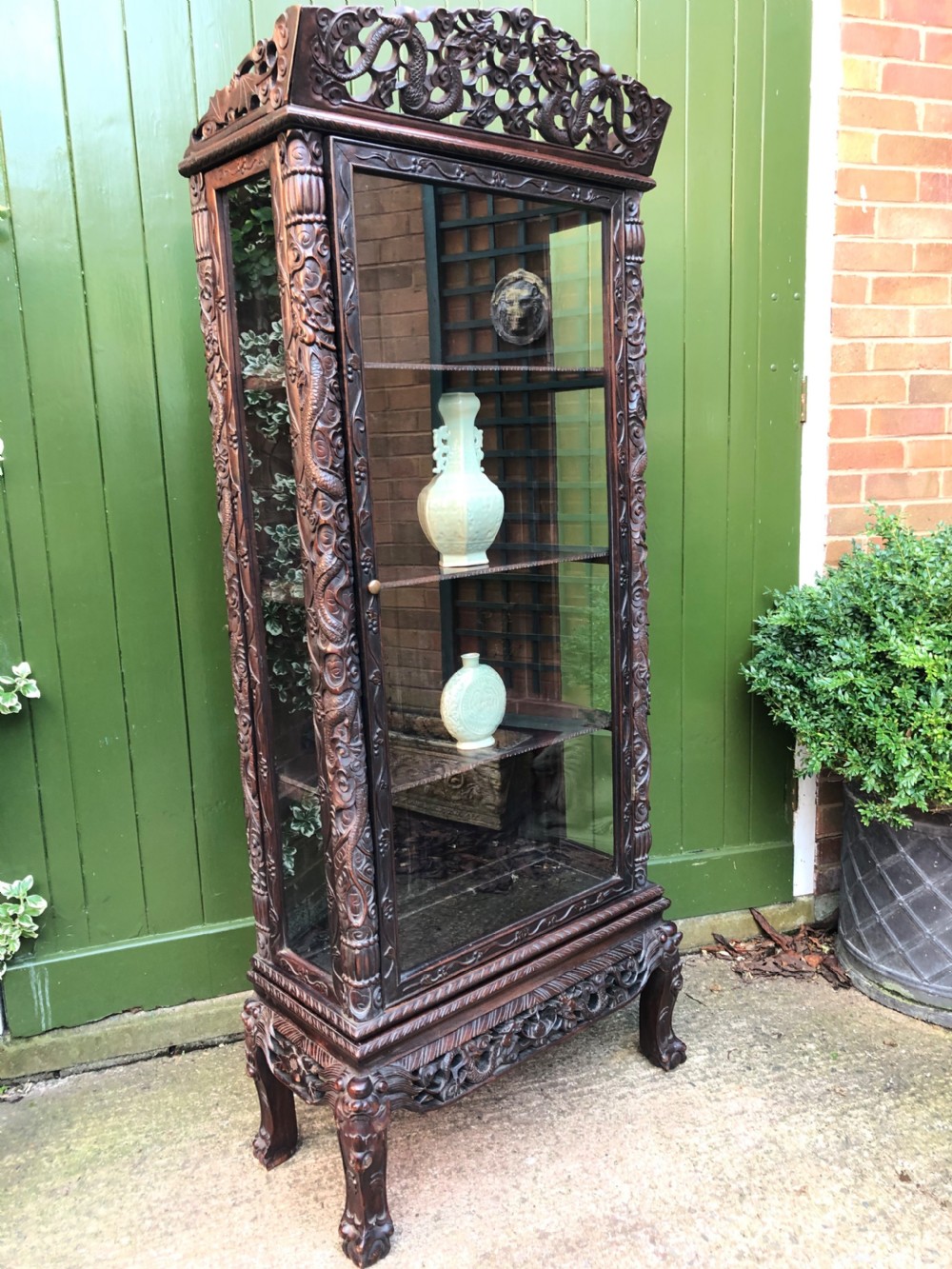 Late C19th Chinese Qing Dynasty carved hardwood display cabinet. View XVI