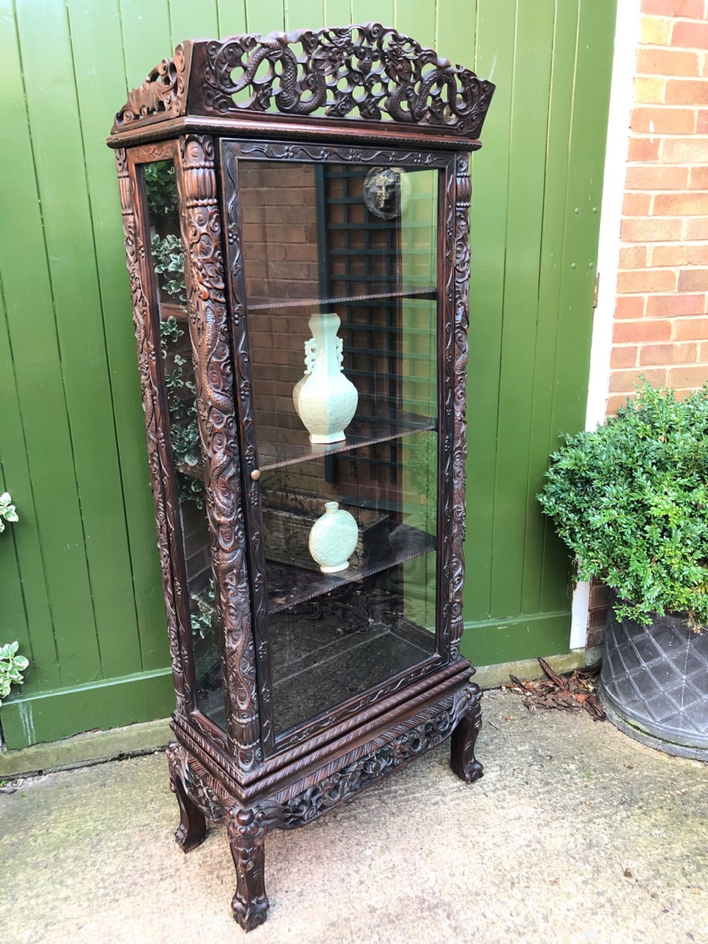 Late C19th Chinese Qing Dynasty carved hardwood display cabinet. View XVII