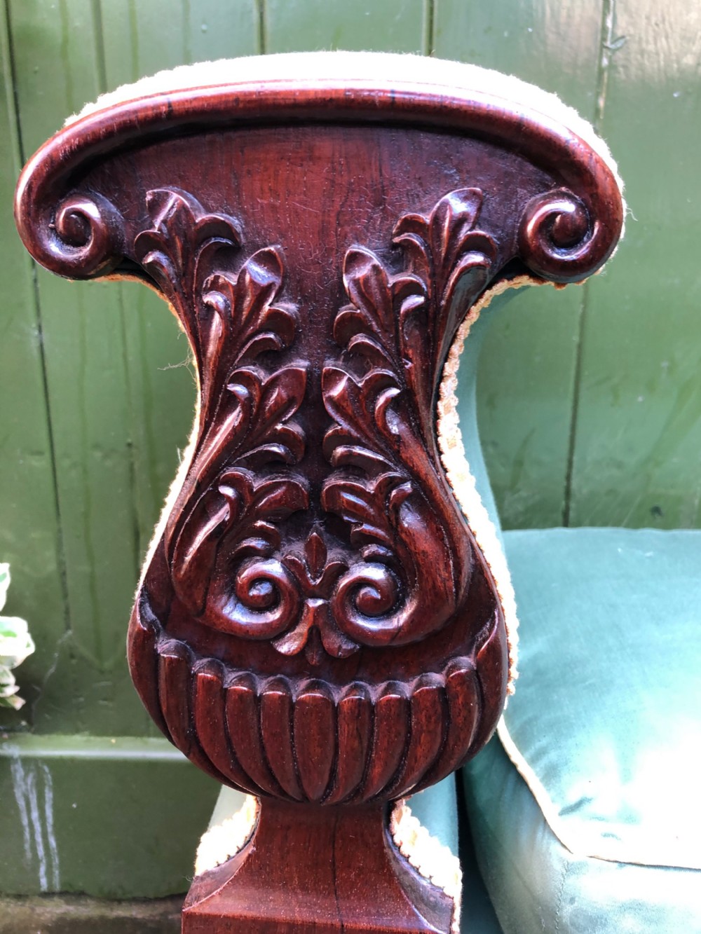 C19th William IV period carved rosewood window seat or bench attributed to a design by Rudolph Ackermann. View II