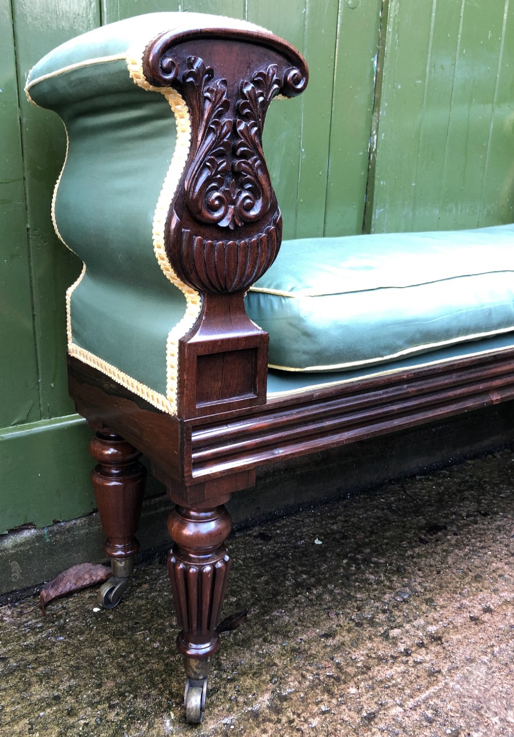 C19th William IV period carved rosewood window seat or bench attributed to a design by Rudolph Ackermann. View IV