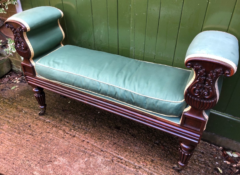 C19th William IV period carved rosewood window seat or bench attributed to a design by Rudolph Ackermann. View V