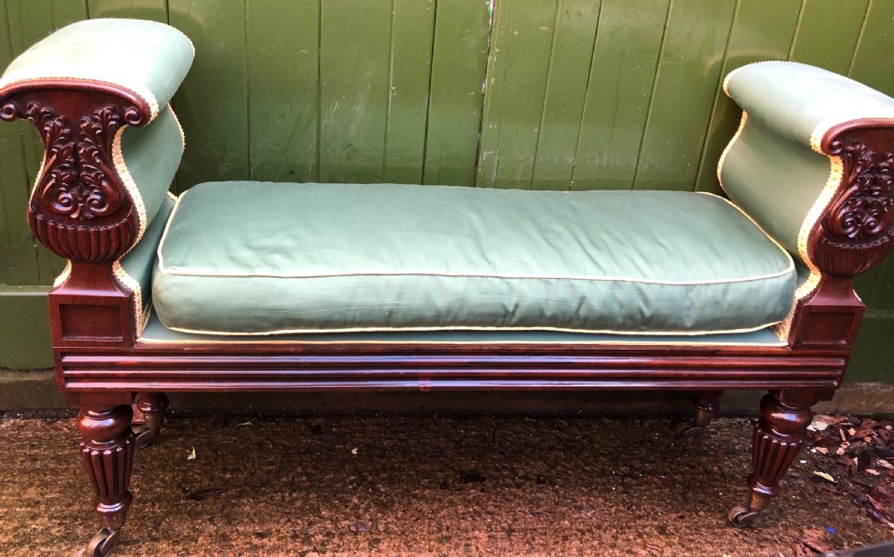 C19th William IV period carved rosewood window seat or bench attributed to a design by Rudolph Ackermann. View VII