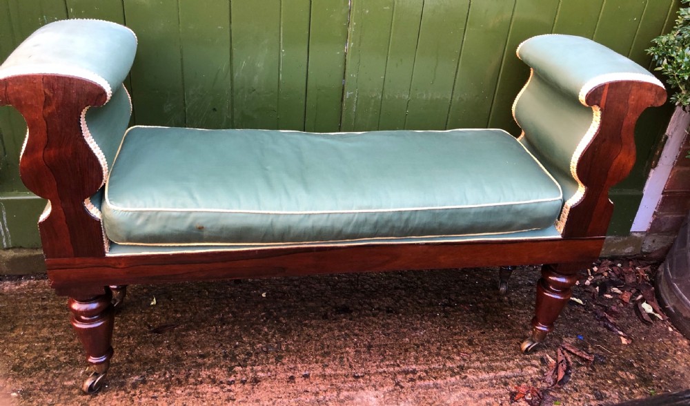 C19th William IV period carved rosewood window seat or bench attributed to a design by Rudolph Ackermann. View IX