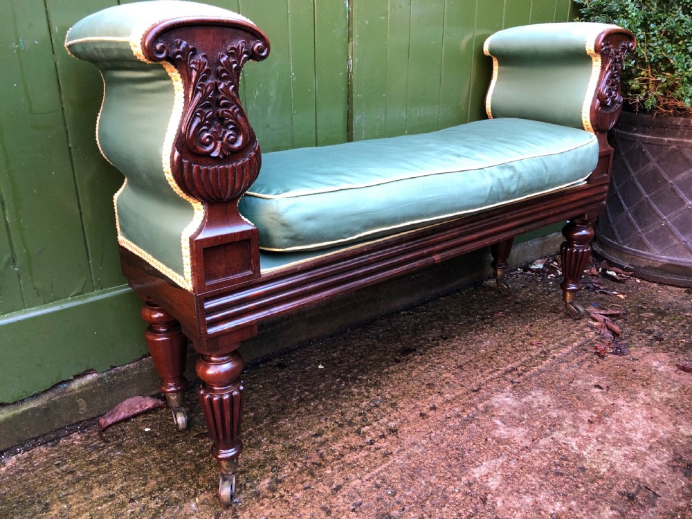 C19th William IV period carved rosewood window seat or bench attributed to a design by Rudolph Ackermann. View XV