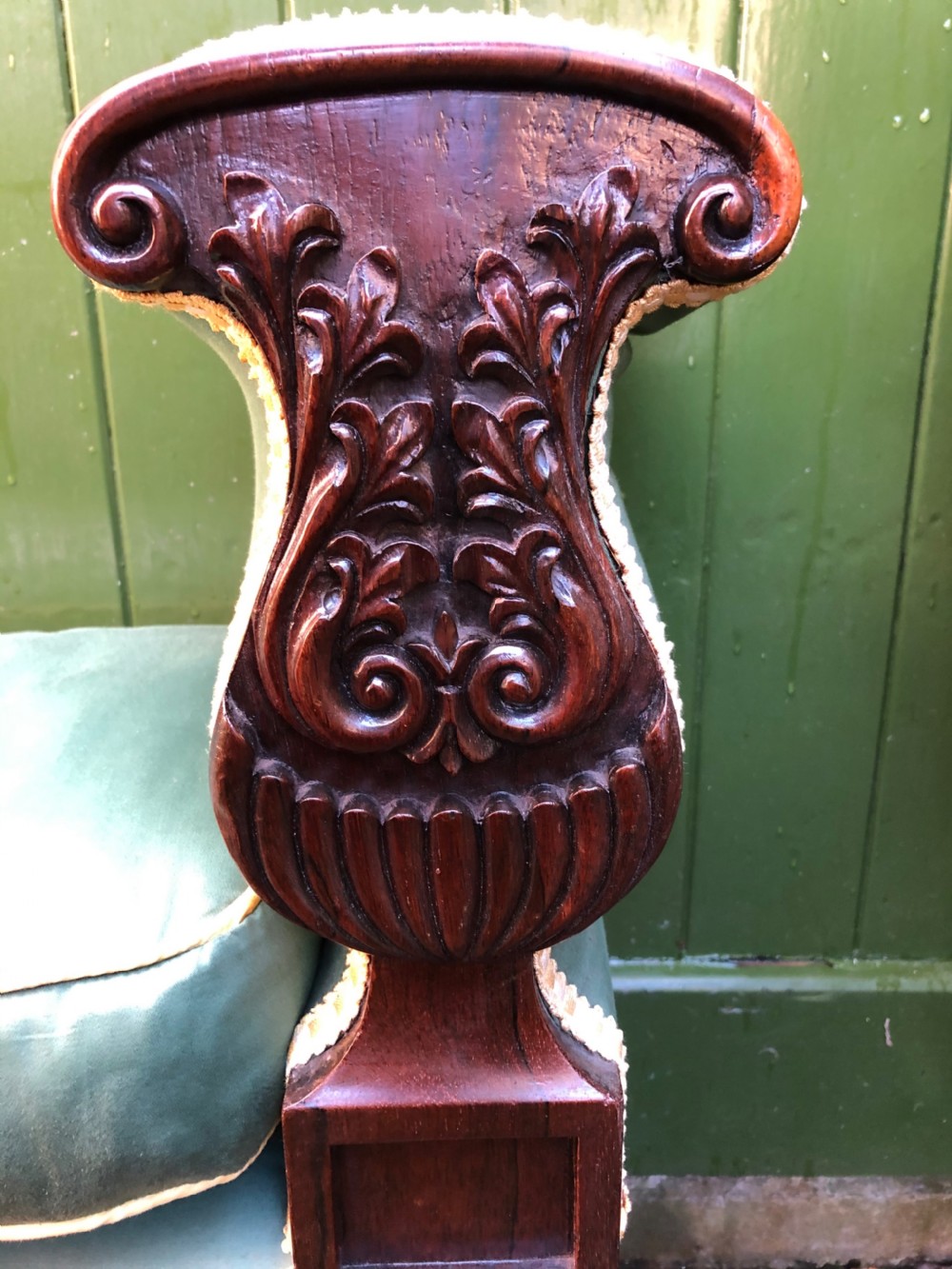 C19th William IV period carved rosewood window seat or bench attributed to a design by Rudolph Ackermann. View XVI