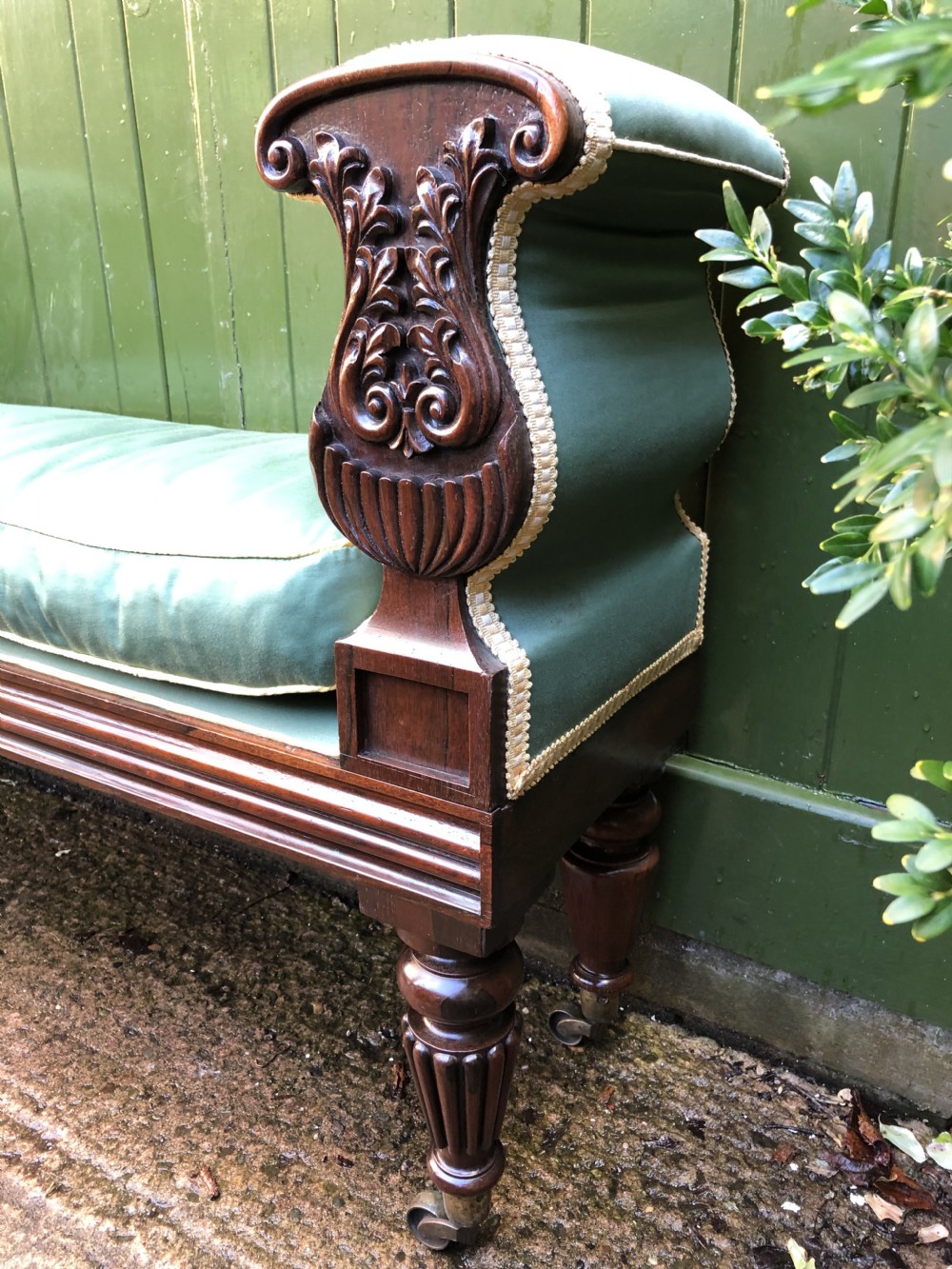 C19th William IV period carved rosewood window seat or bench attributed to a design by Rudolph Ackermann. View XVIII