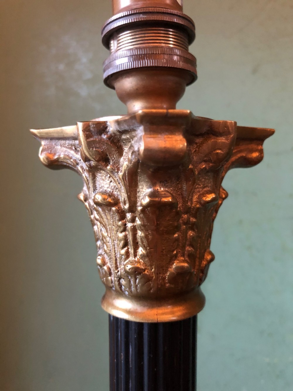 Pair of early C20th patinated and polished brass table lamps of classical column form. View XII