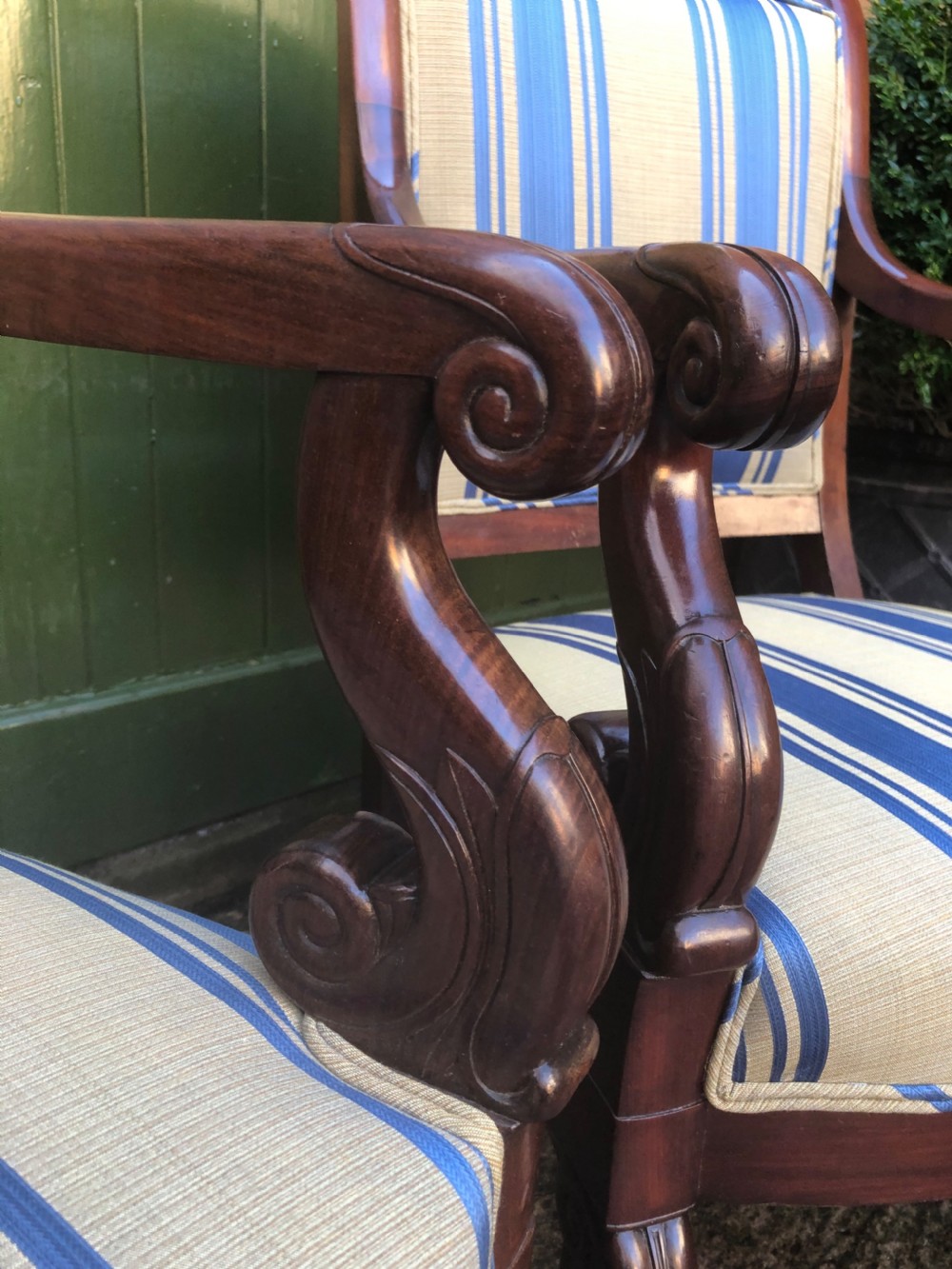 Pair of early C19th French Charles X period mahogany-framed salon armchairs. View III
