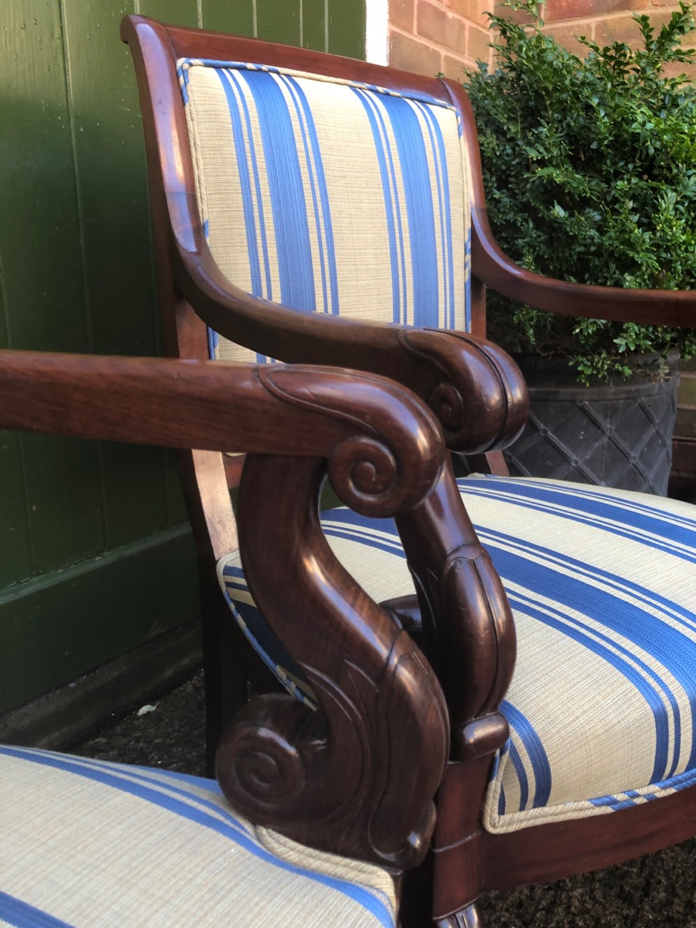 Pair of early C19th French Charles X period mahogany-framed salon armchairs. View V