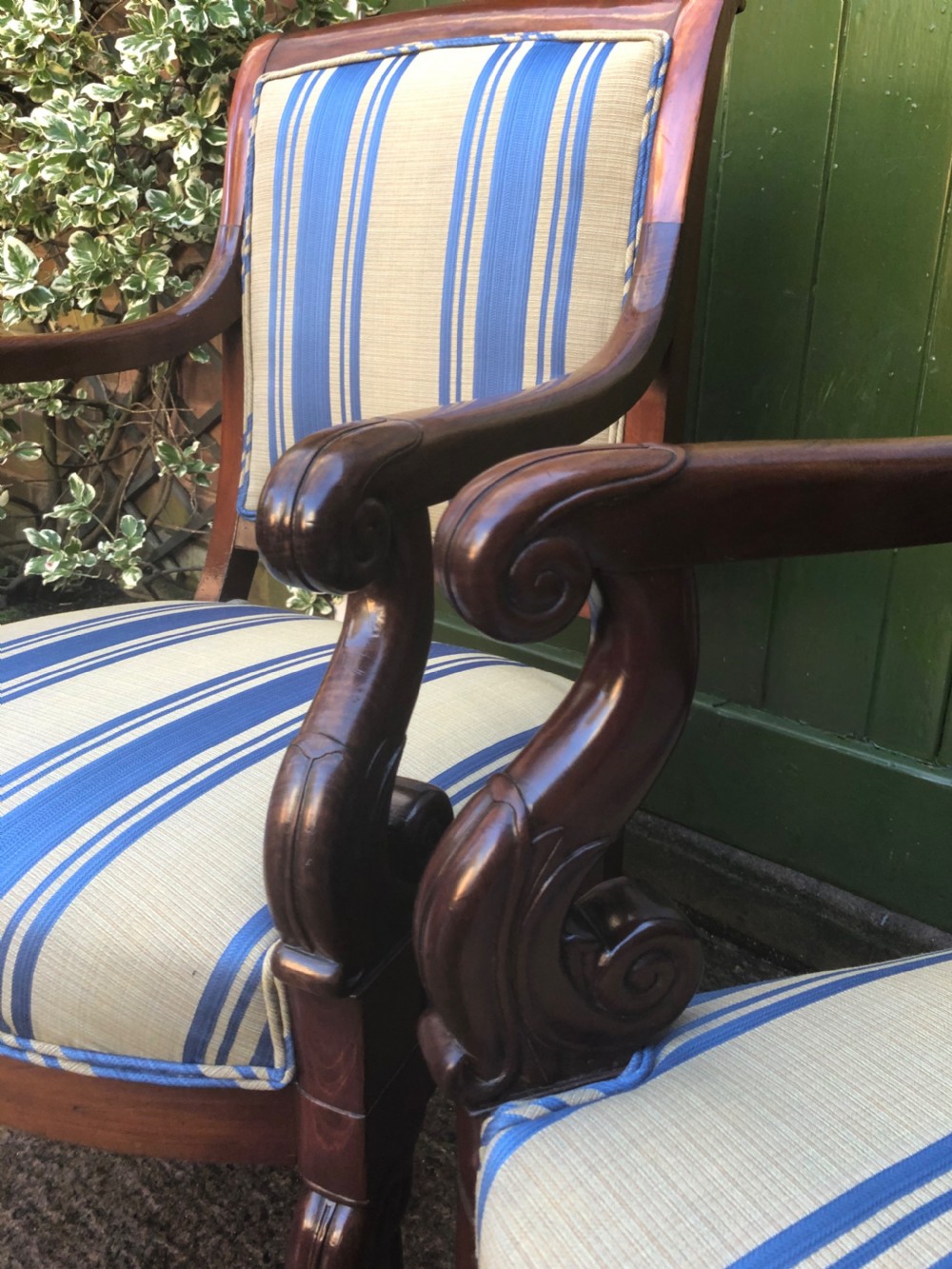 Pair of early C19th French Charles X period mahogany-framed salon armchairs. View VI