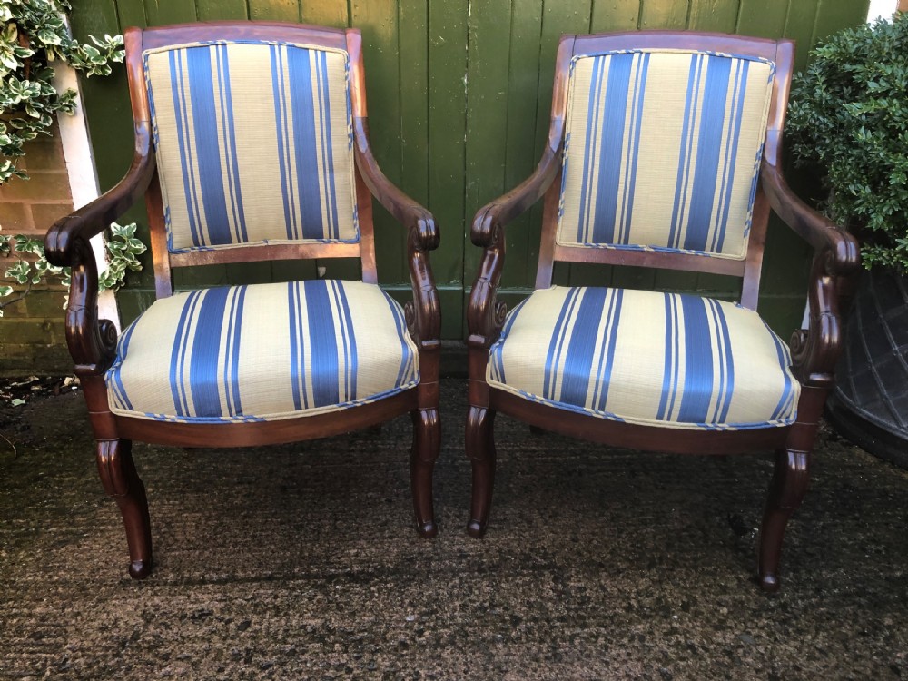 Pair of early C19th French Charles X period mahogany-framed salon armchairs. View VII