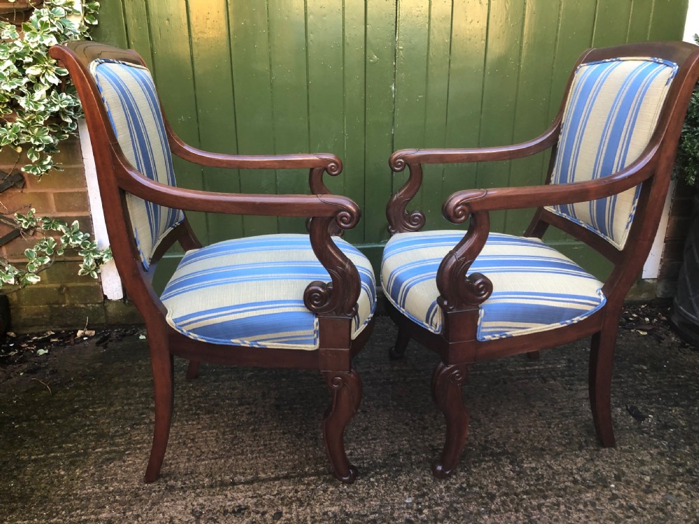 Pair of early C19th French Charles X period mahogany-framed salon armchairs. View VIII