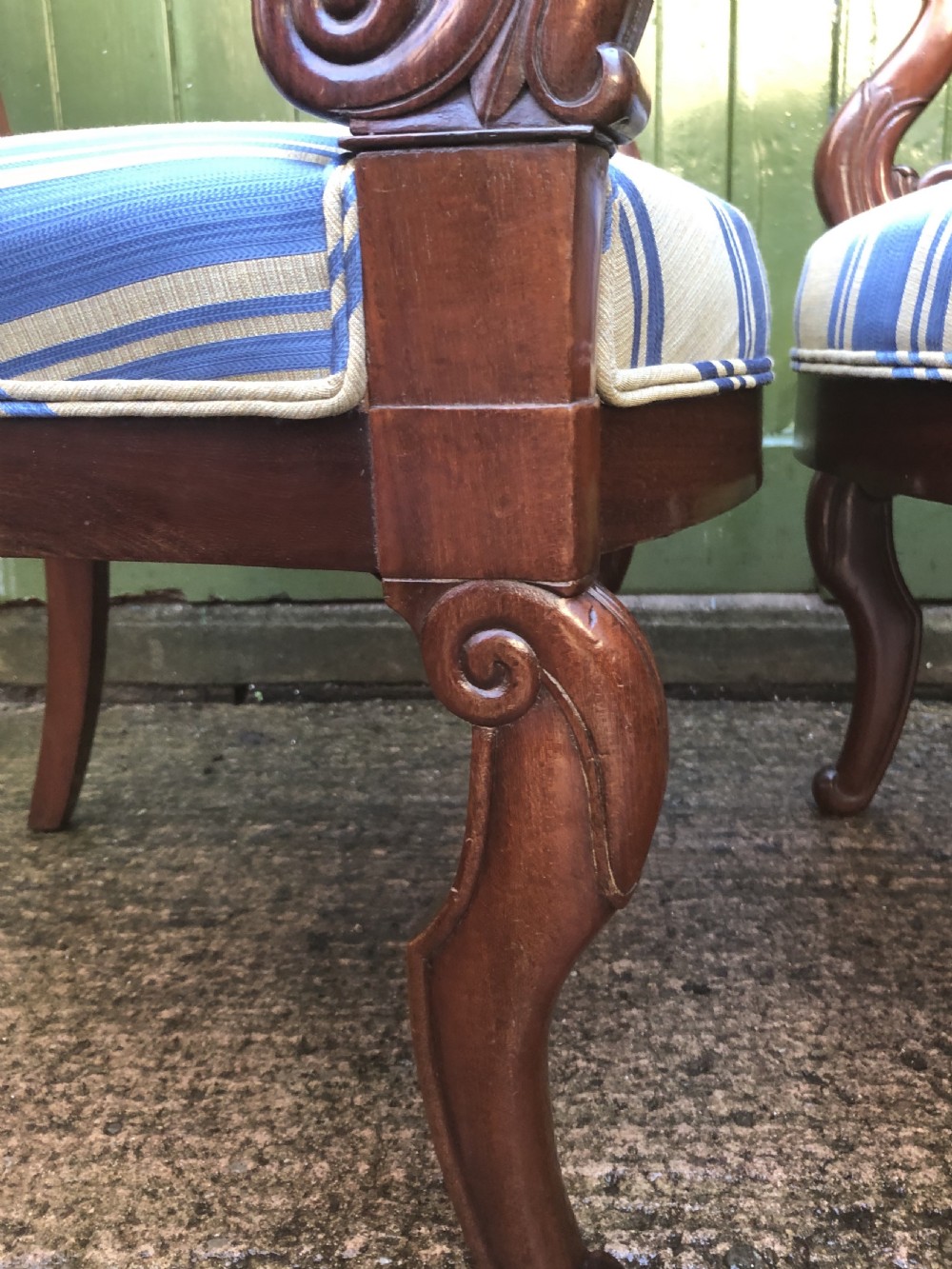 Pair of early C19th French Charles X period mahogany-framed salon armchairs. View IX