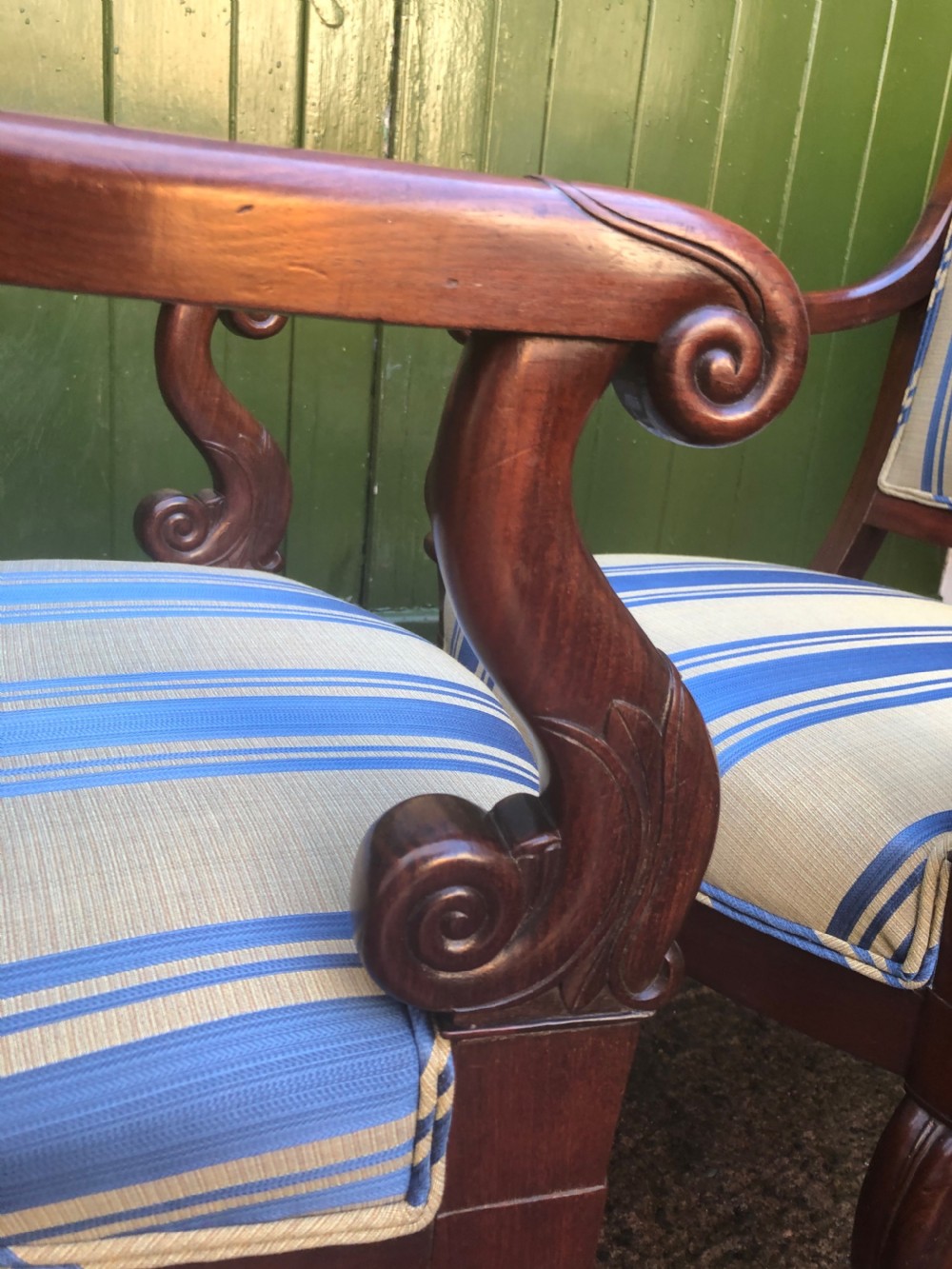 Pair of early C19th French Charles X period mahogany-framed salon armchairs. View X