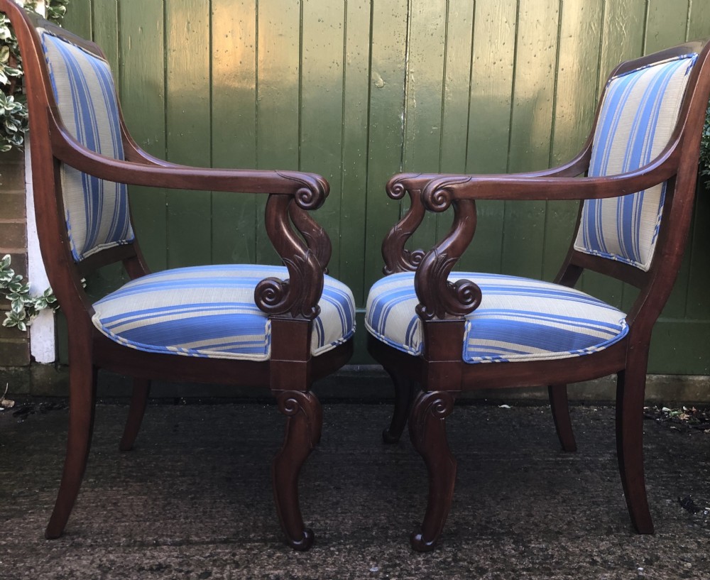 Pair of early C19th French Charles X period mahogany-framed salon armchairs. View XI